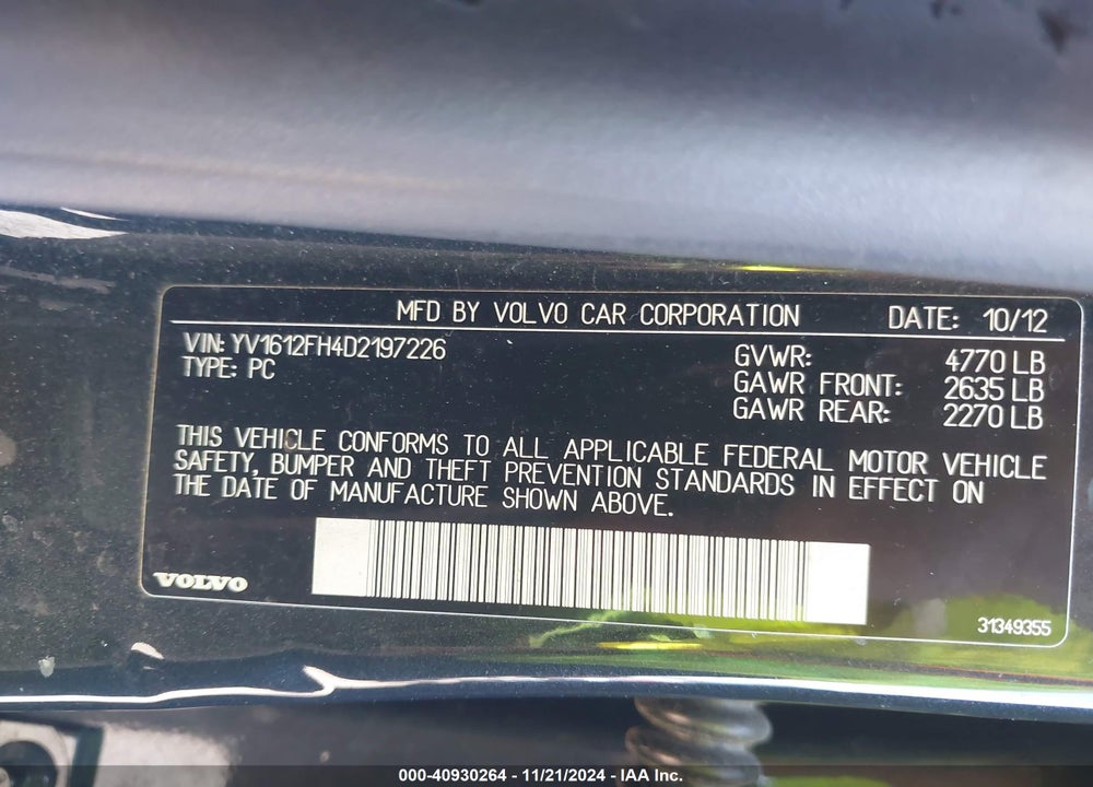 2013 VOLVO S60 VIN: YV1612FH4D2197226