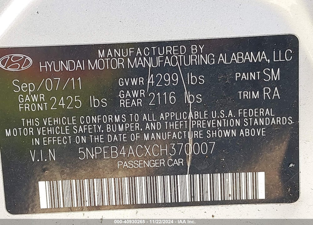 2012 HYUNDAI SONATA GLS VIN: 5NPEB4ACXCH370007