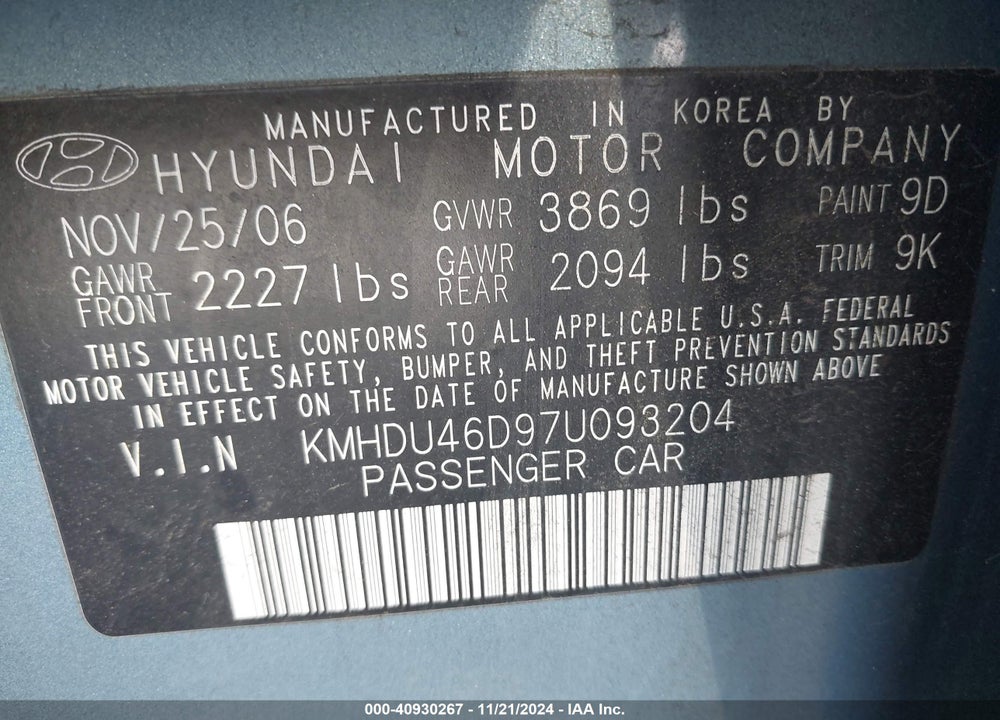 2007 HYUNDAI ELANTRA GLS/LIMITED/SE VIN: KMHDU46D97U093204