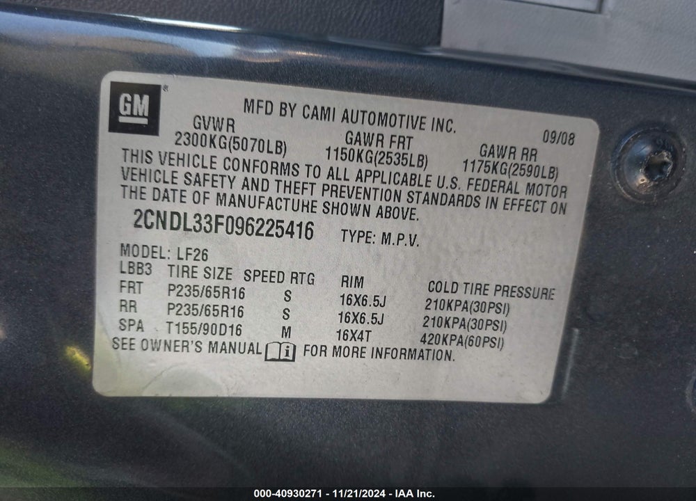 2009 CHEVROLET EQUINOX LT VIN: 2CNDL33F096225416