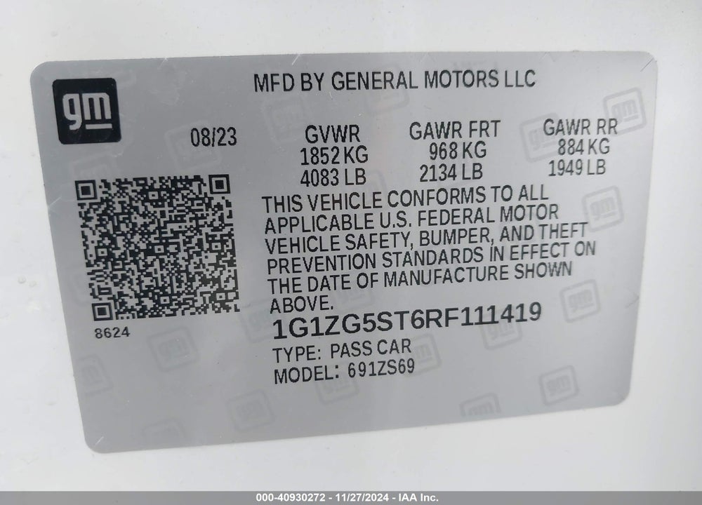 2024 CHEVROLET MALIBU FWD RS VIN: 1G1ZG5ST6RF111419