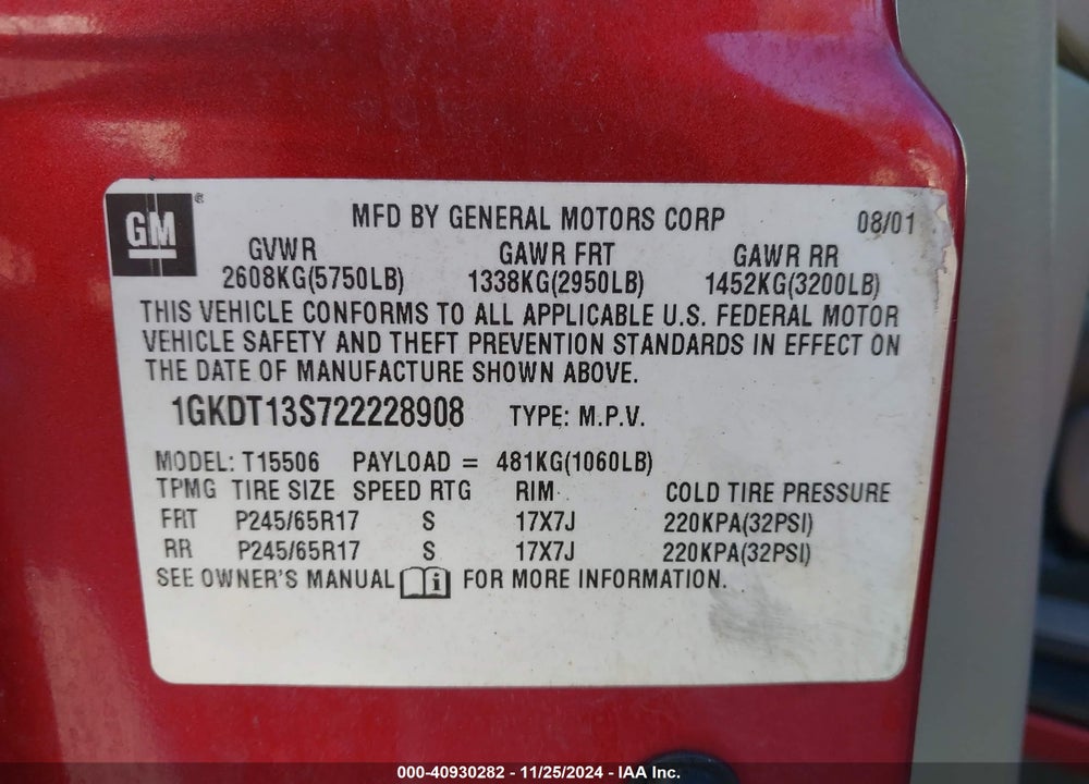 2002 GMC ENVOY SLT VIN: 1GKDT13S722228908