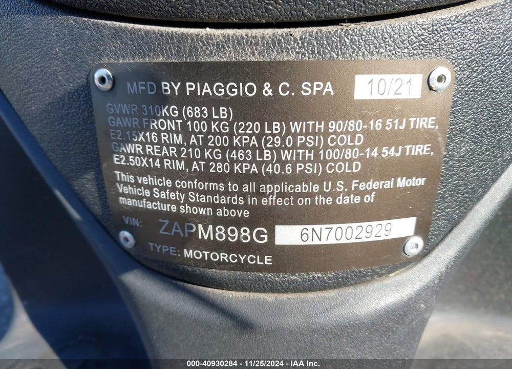 2022 PIAGGIO LIBERTY 150/150 S/150 BACI PERUGINA VIN: ZAPM898G6N7002929
