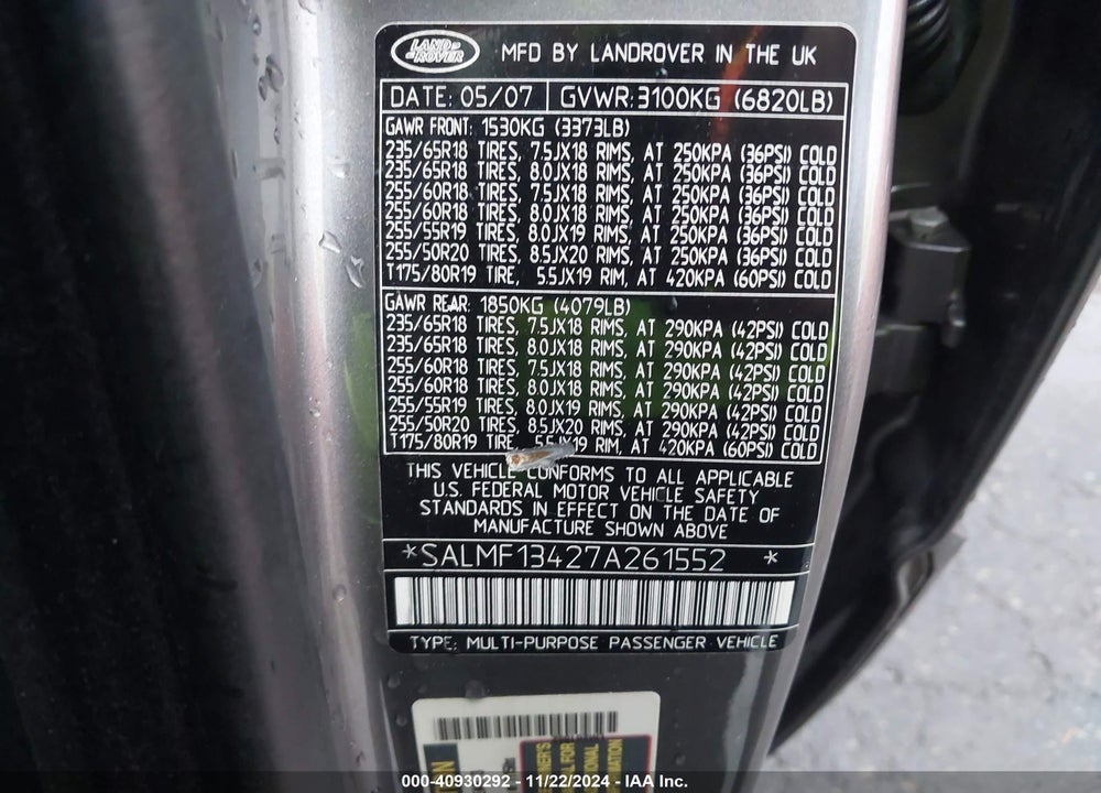 2007 LAND ROVER RANGE ROVER SUPERCHARGED VIN: SALMF13427A261552