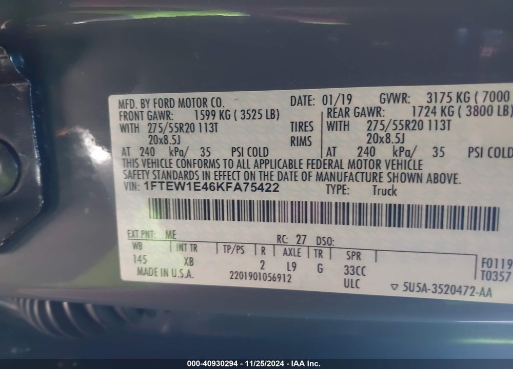 2019 FORD F-150 XLT VIN: 1FTEW1E46KFA75422