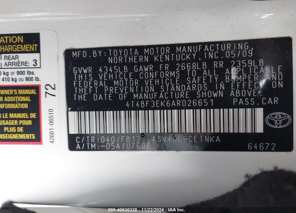 2010 TOYOTA CAMRY LE VIN: 4T4BF3EK6AR026651