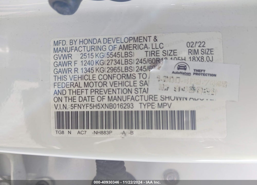 2022 HONDA PILOT 2WD EX-L VIN: 5FNYF5H5XNB016293