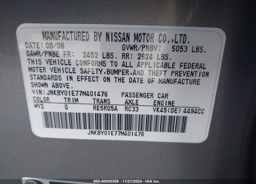 2007 INFINITI M45 VIN: JNKBY01E77M401476