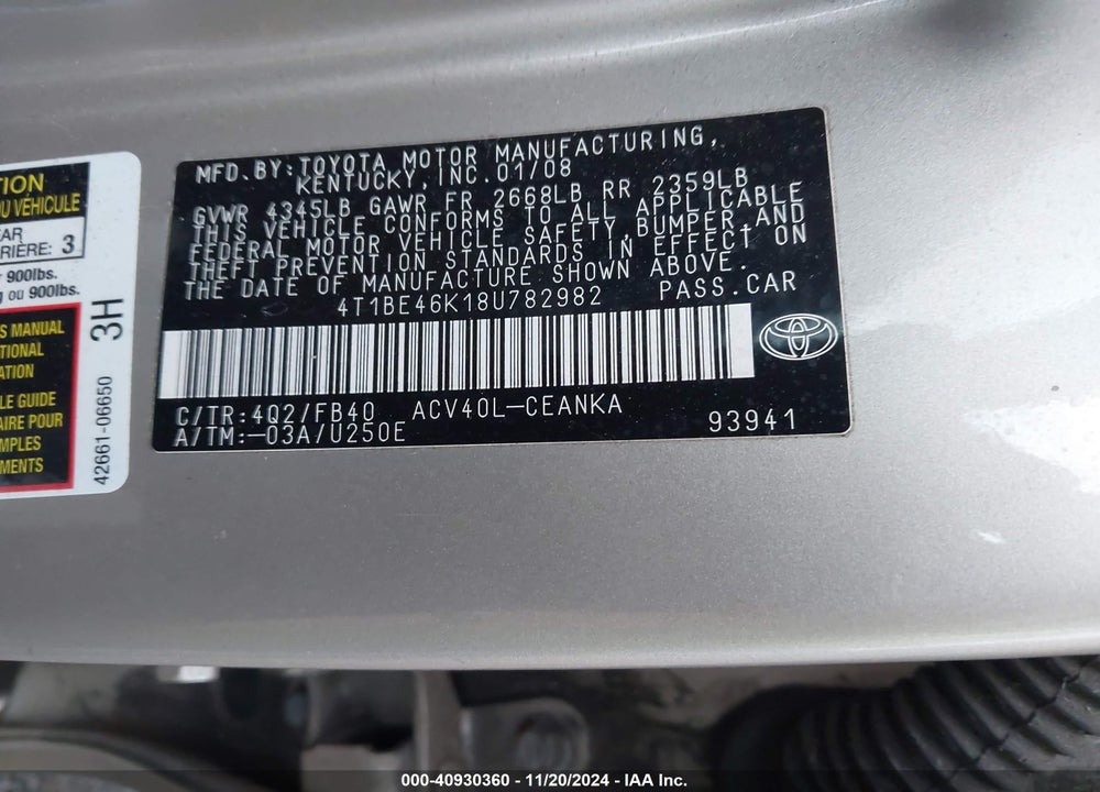 2008 TOYOTA CAMRY VIN: 4T1BE46K18U782982
