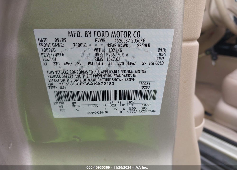 2010 FORD ESCAPE LIMITED VIN: 1FMCU0EG6AKA72183