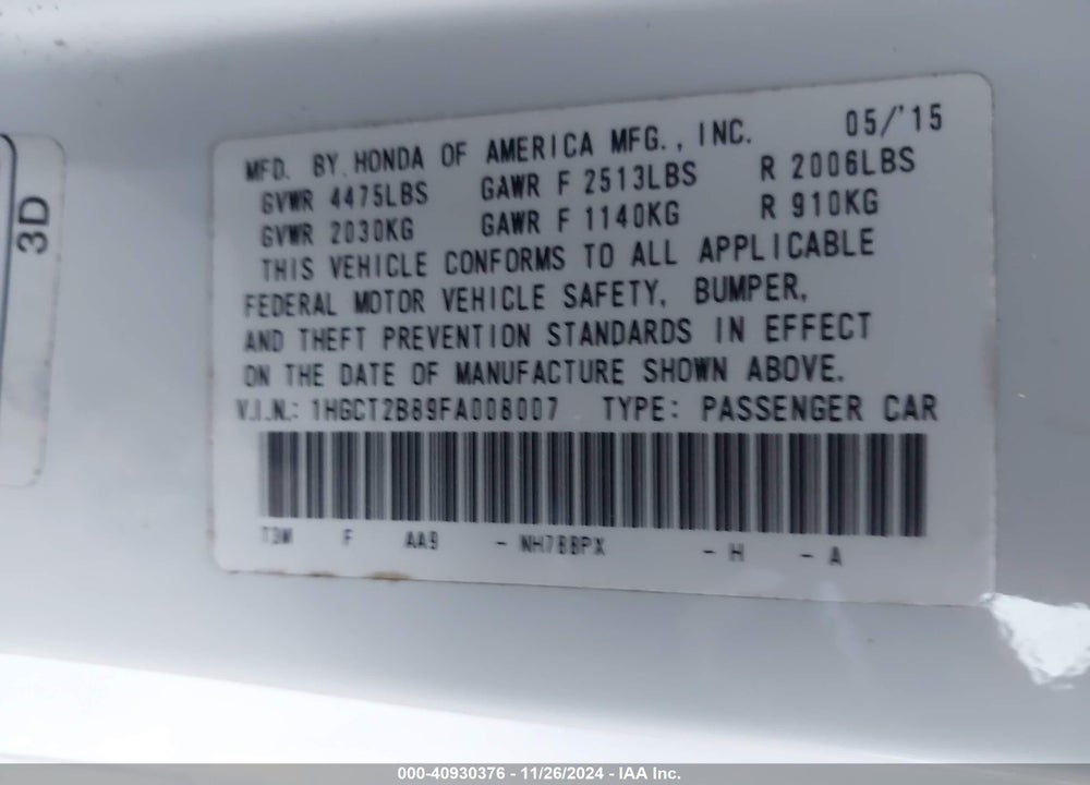 2015 HONDA ACCORD EX-L V-6 VIN: 1HGCT2B89FA008007