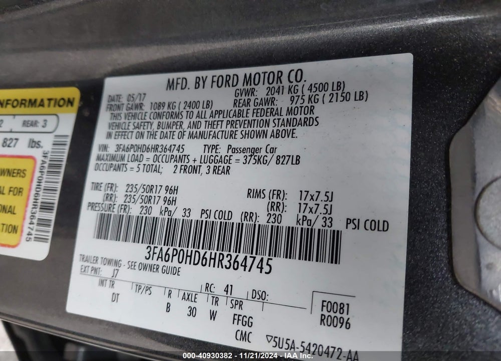 2017 FORD FUSION SE VIN: 3FA6P0HD6HR364745