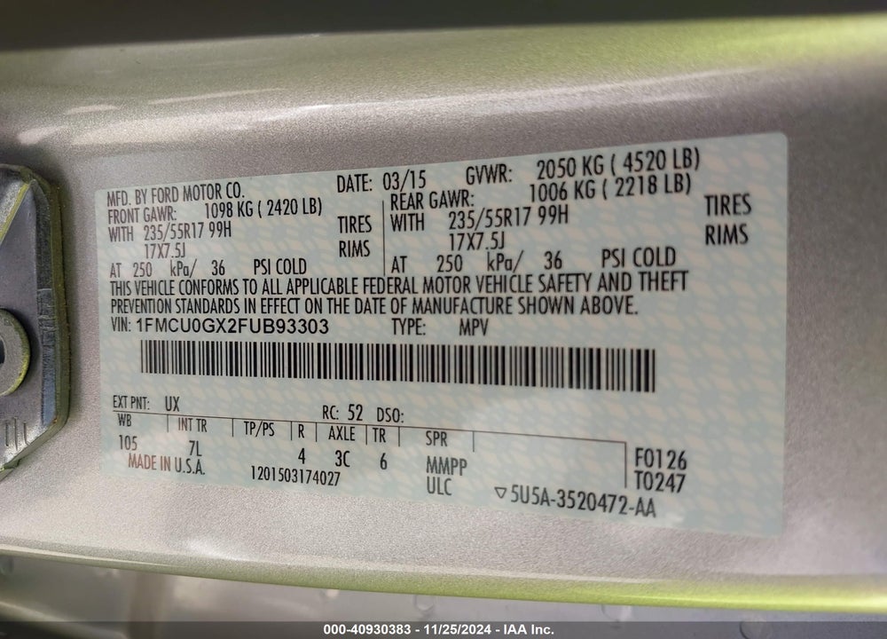 2015 FORD ESCAPE SE VIN: 1FMCU0GX2FUB93303