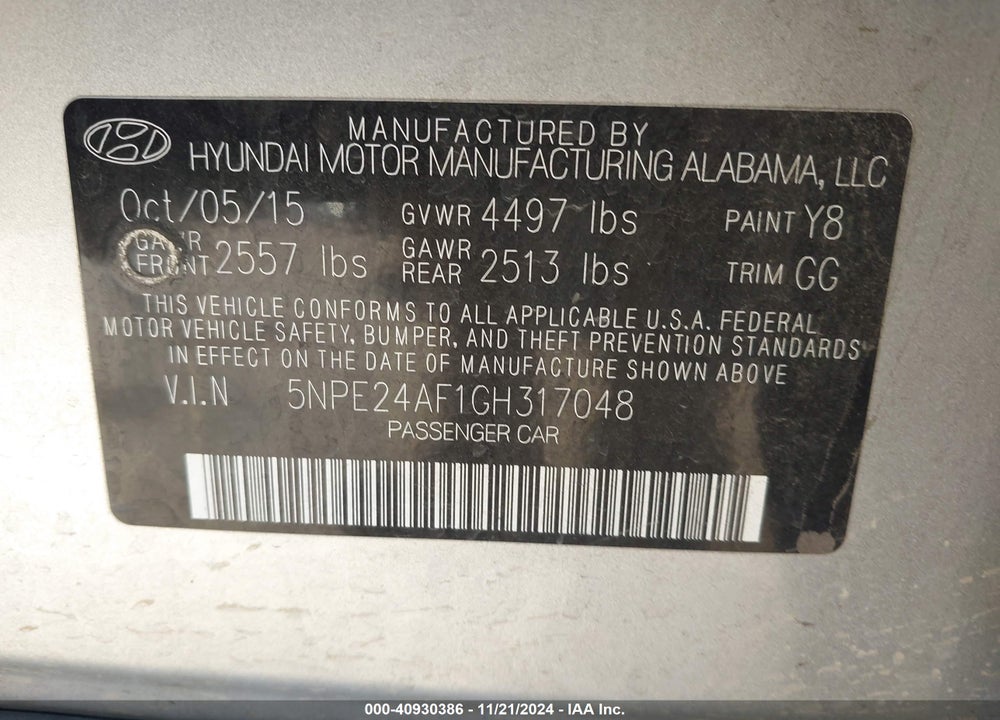 2016 HYUNDAI SONATA SE VIN: 5NPE24AF1GH317048
