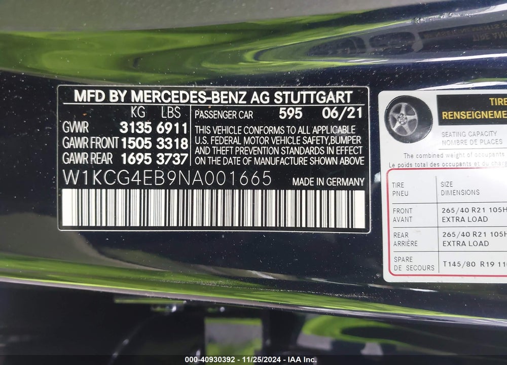 2022 MERCEDES-BENZ EQS 580 4MATIC VIN: W1KCG4EB9NA001665