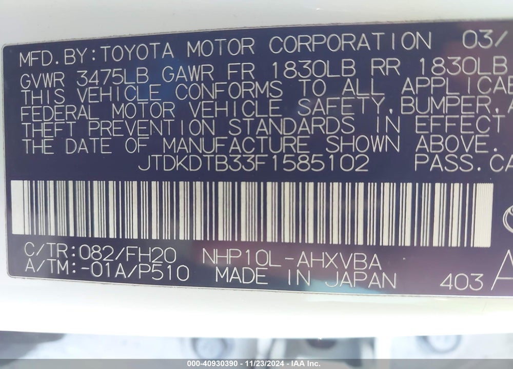 2015 TOYOTA PRIUS C ONE VIN: JTDKDTB33F1585102