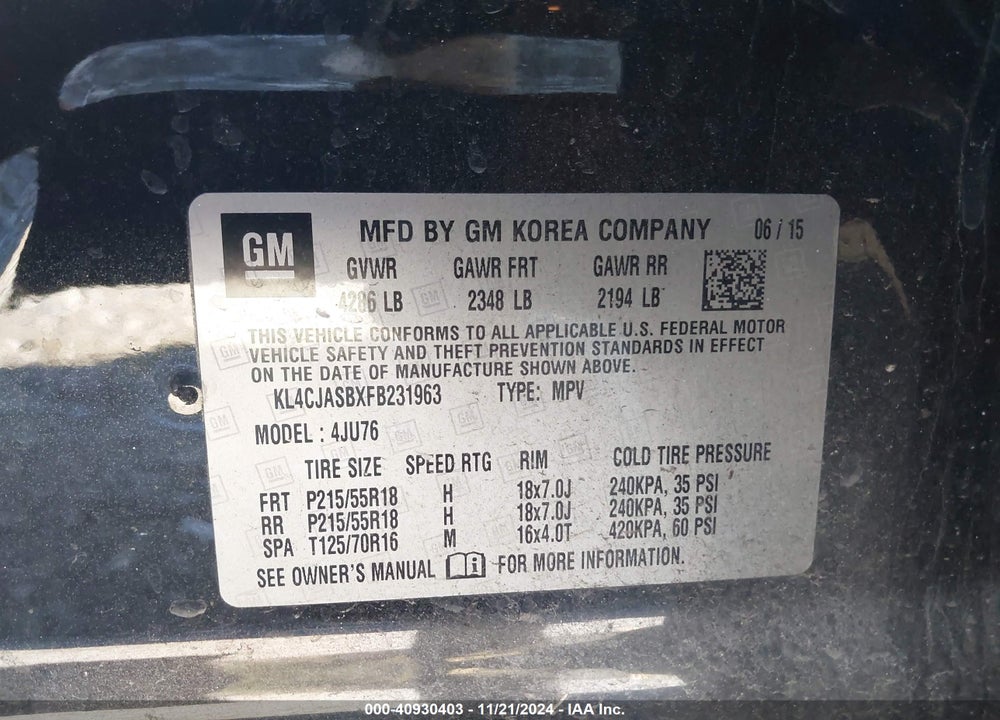 2015 BUICK ENCORE VIN: KL4CJASBXFB231963