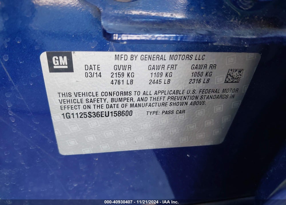 2014 CHEVROLET IMPALA 2LT VIN: 1G1125S36EU158600