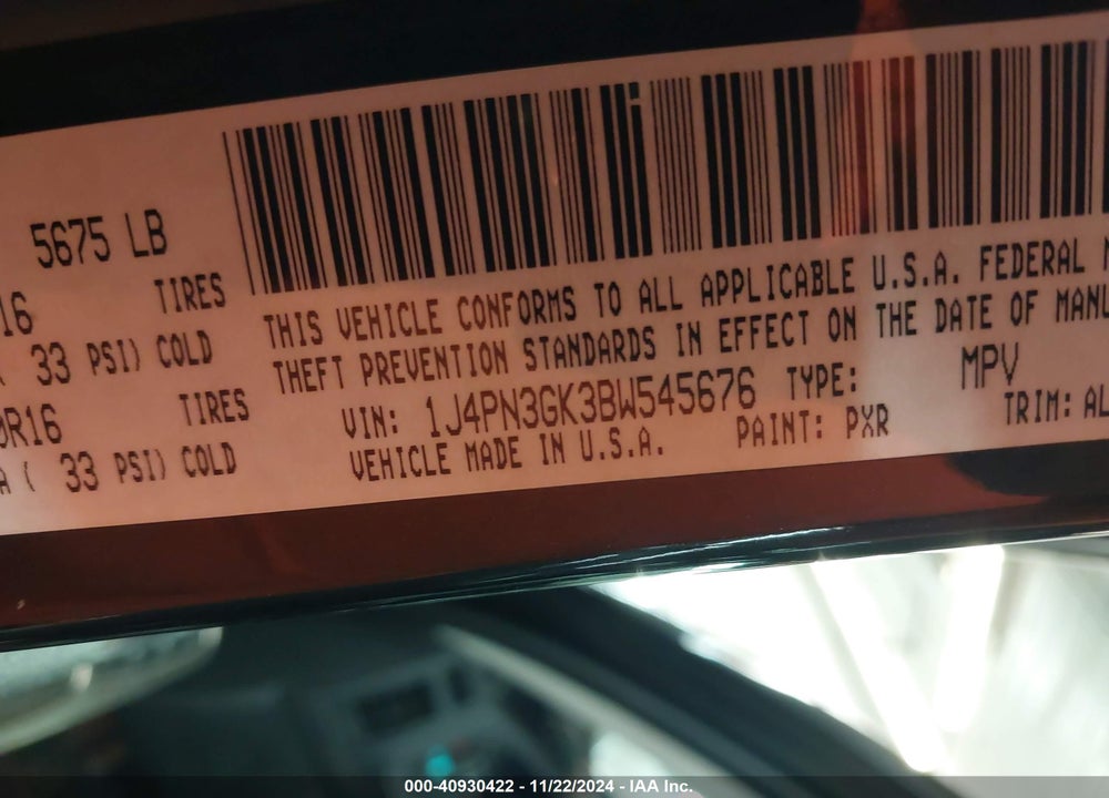 2011 JEEP LIBERTY RENEGADE VIN: 1J4PN3GK3BW545676