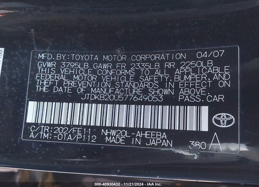 2007 TOYOTA PRIUS VIN: JTDKB20U577649053