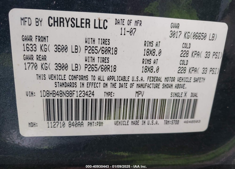 2008 DODGE DURANGO SLT VIN: 1D8HB48N98F123424