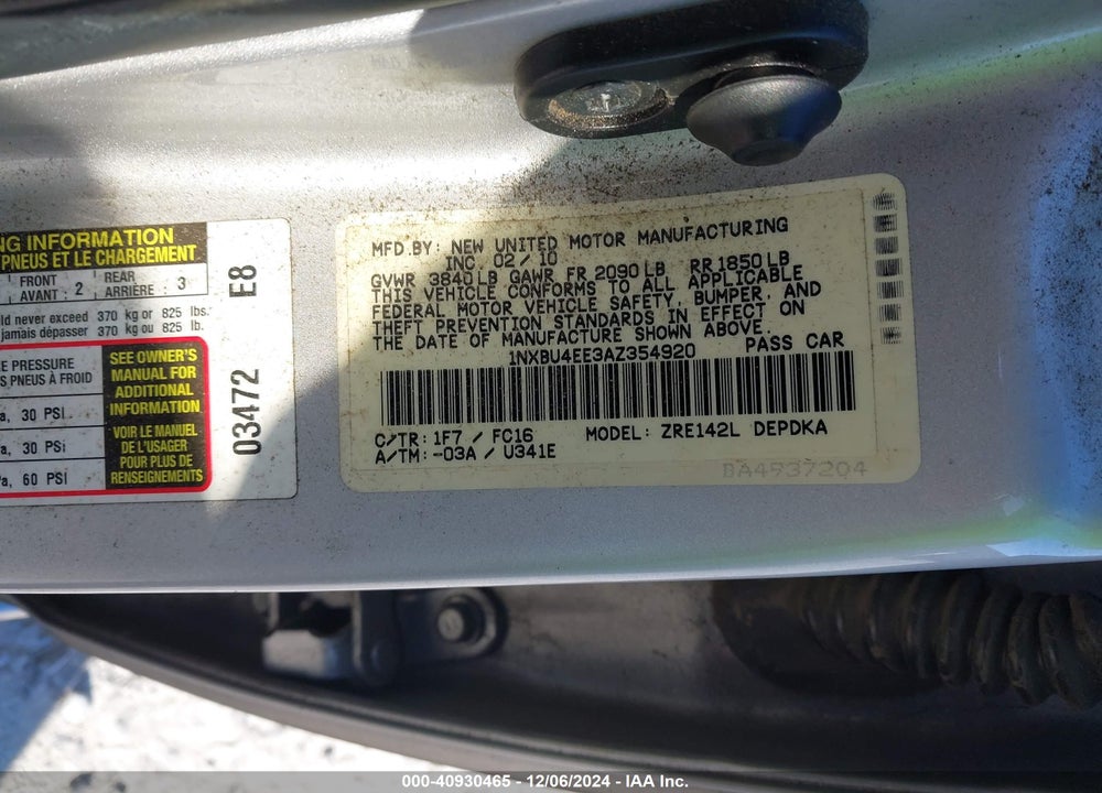 2010 TOYOTA COROLLA LE VIN: 1NXBU4EE3AZ354920