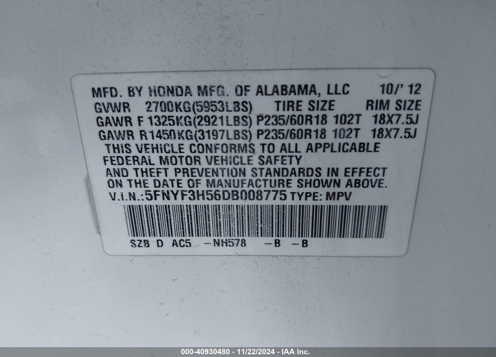 2013 HONDA PILOT EX-L VIN: 5FNYF3H56DB008775