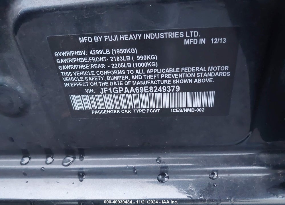 2014 SUBARU IMPREZA 2.0I VIN: JF1GPAA69E8249379