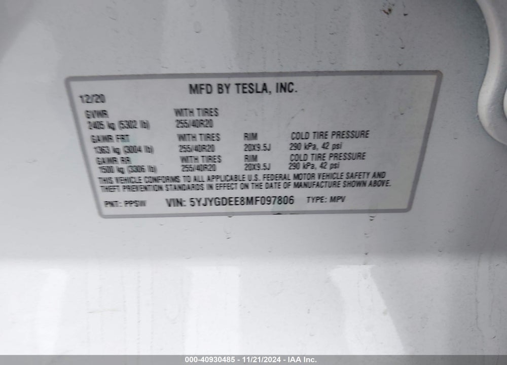 2021 TESLA MODEL Y LONG RANGE DUAL MOTOR ALL-WHEEL DRIVE VIN: 5YJYGDEE8MF097806