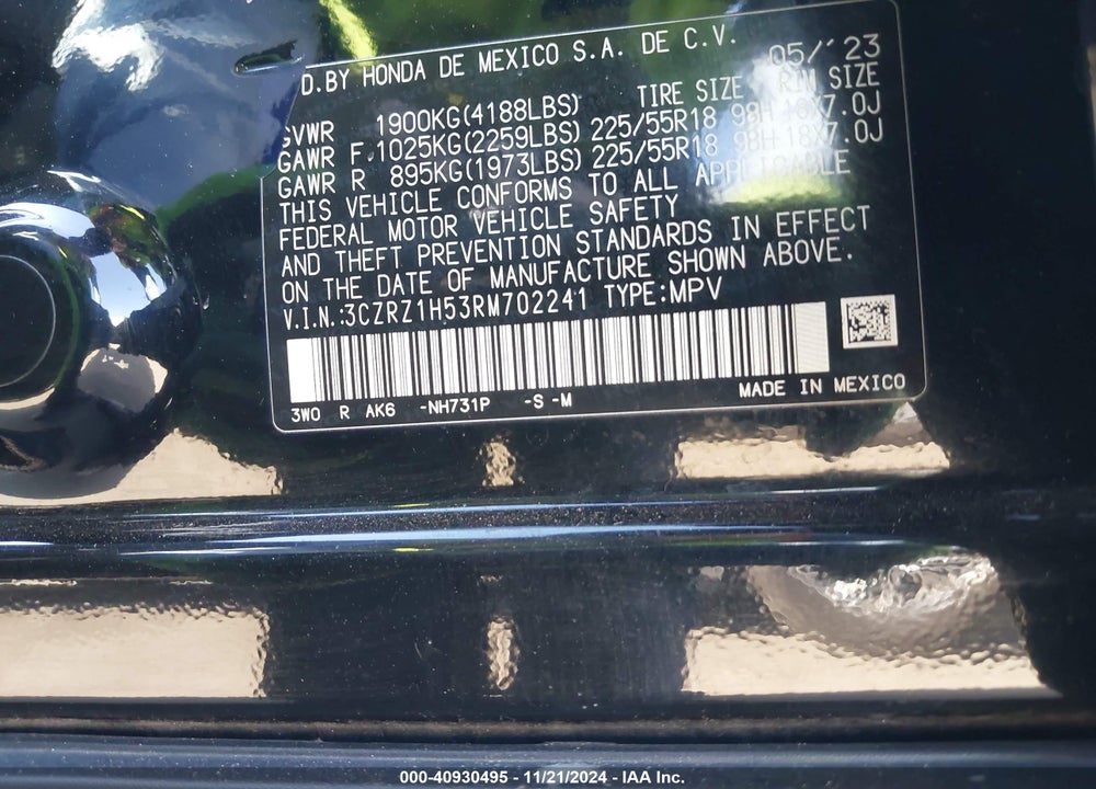 2024 HONDA HR-V 2WD SPORT/2WD SPORT W/O BSI VIN: 3CZRZ1H53RM702241