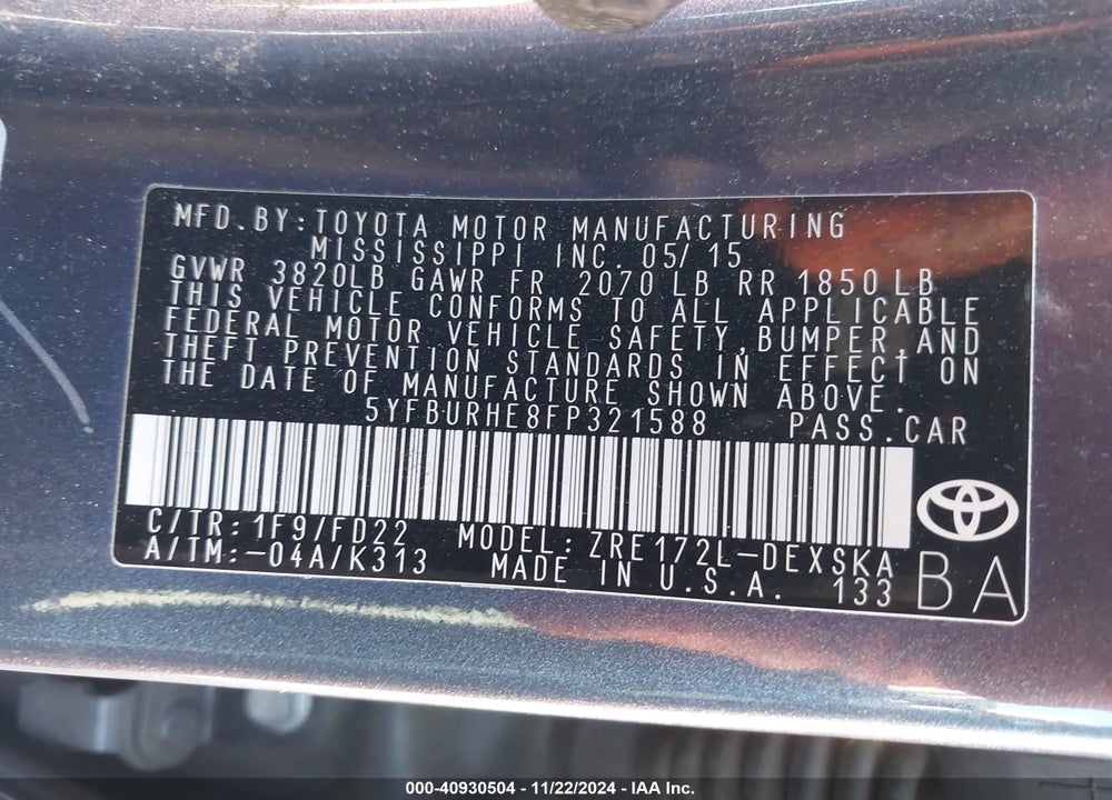 2015 TOYOTA COROLLA S PLUS VIN: 5YFBURHE8FP321588