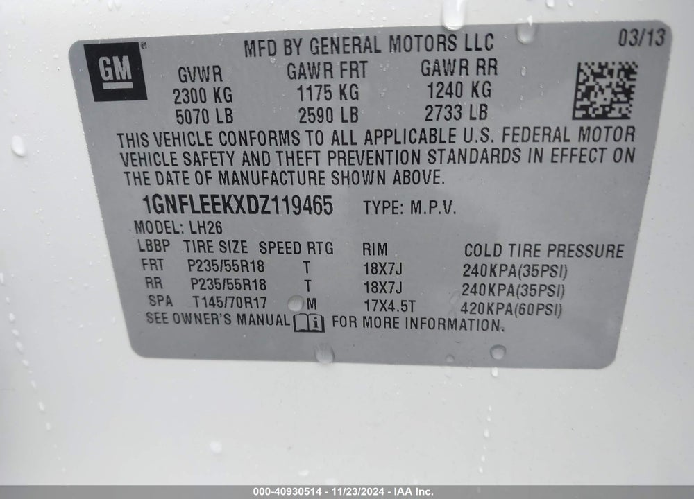 2013 CHEVROLET EQUINOX 1LT VIN: 1GNFLEEKXDZ119465