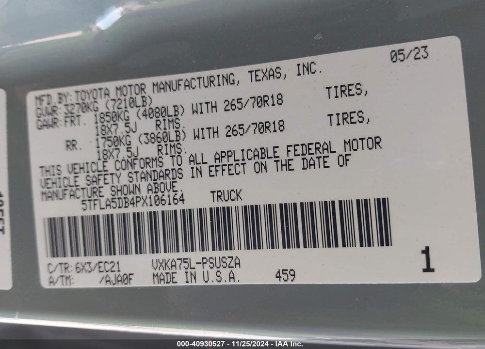 2023 TOYOTA TUNDRA CREWMAX SR/CREWMAX SR5 VIN: 5TFLA5DB4PX106164