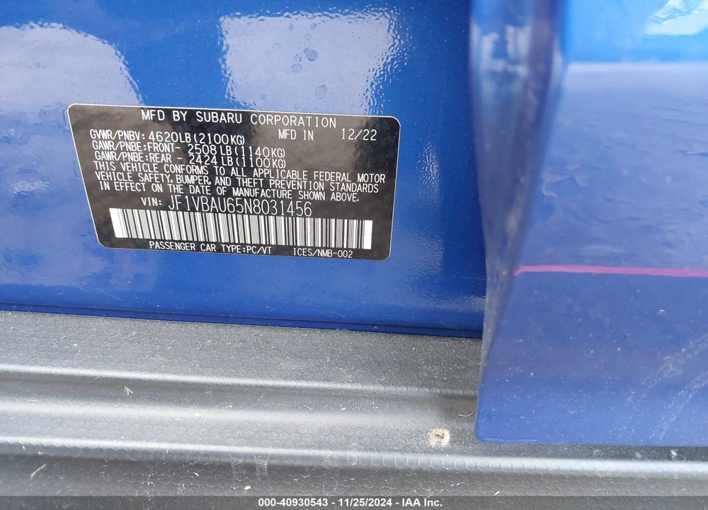 2022 SUBARU WRX VIN: JF1VBAU65N8031456