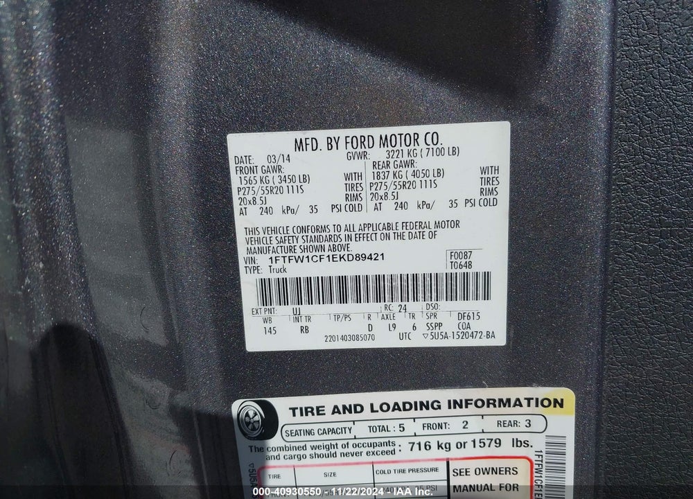 2014 FORD F-150 FX2 VIN: 1FTFW1CF1EKD89421