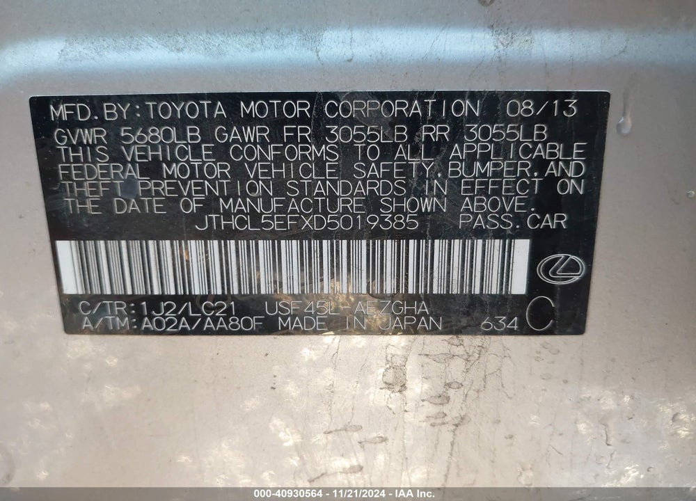 2013 LEXUS LS VIN: JTHCL5EFXD5019385