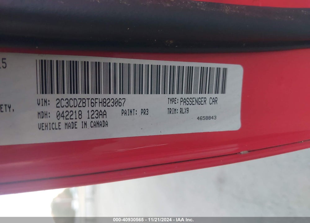 2015 DODGE CHALLENGER R/T PLUS VIN: 2C3CDZBT6FH823067