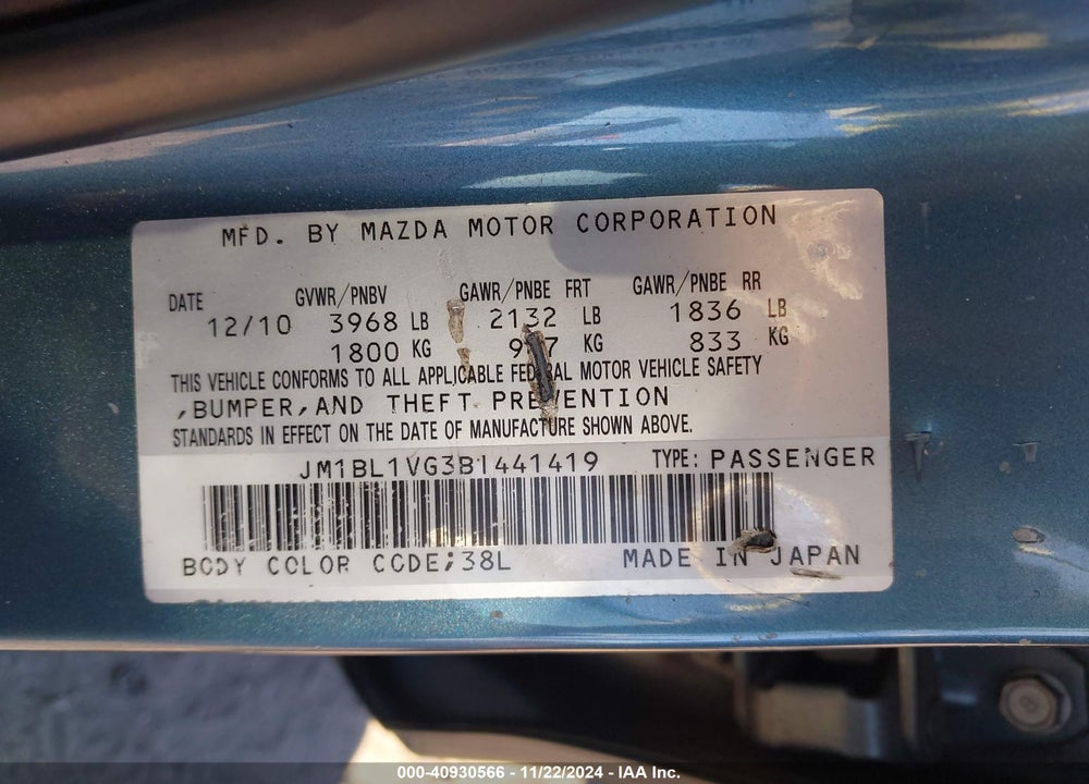 2011 MAZDA 3 I TOURING VIN: JM1BL1VG3B1441419