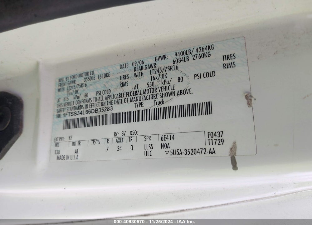 2006 FORD E-350 SUPER DUTY COMMERCIAL/RECREATIONAL VIN: 1FTSS34L66DB35283