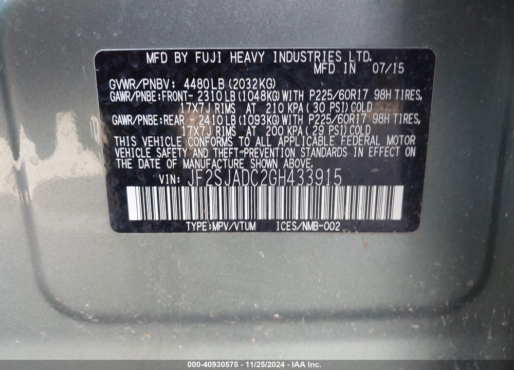 2016 SUBARU FORESTER 2.5I PREMIUM VIN: JF2SJADC2GH433915