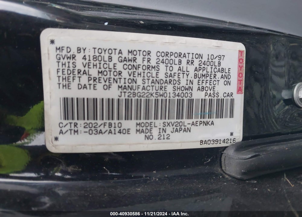 1998 TOYOTA CAMRY LE VIN: JT2BG22K5W0134003