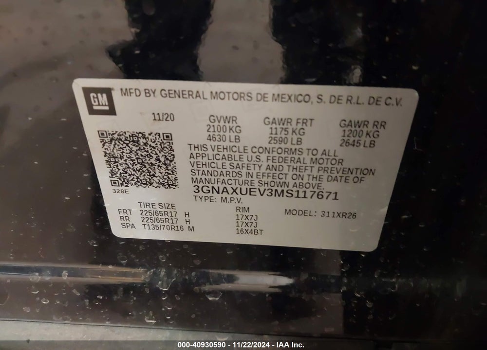2021 CHEVROLET EQUINOX AWD LT VIN: 3GNAXUEV3MS117671