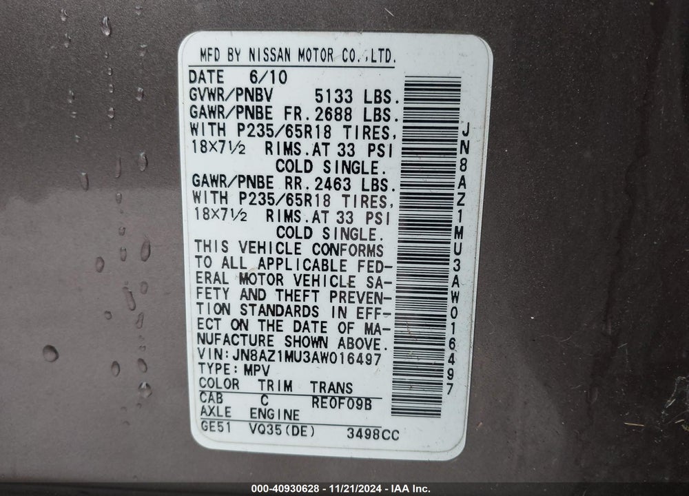 2010 NISSAN MURANO SL VIN: JN8AZ1MU3AW016497