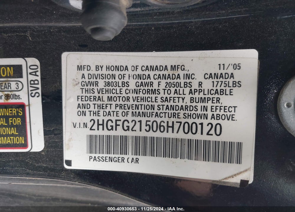2006 HONDA CIVIC SI VIN: 2HGFG21506H700120