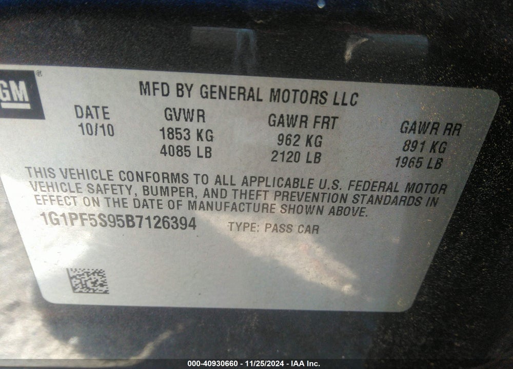 2011 CHEVROLET CRUZE 1LT VIN: 1G1PF5S95B7126394