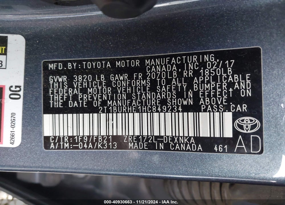 2017 TOYOTA COROLLA VIN: 2T1BURHE1HC849234