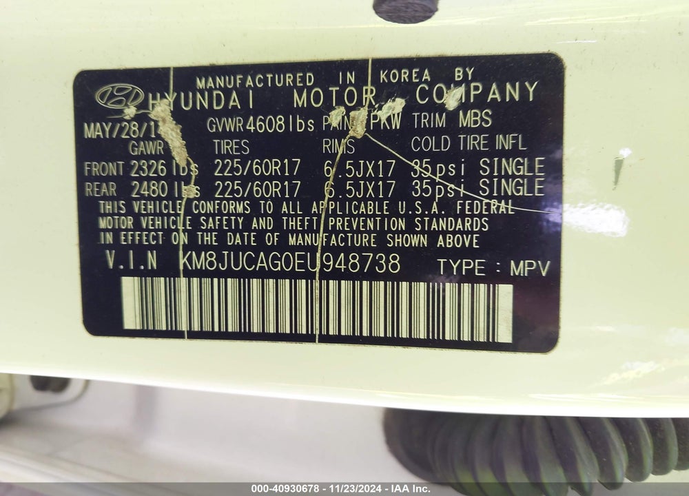 2014 HYUNDAI TUCSON SE VIN: KM8JUCAG0EU948738