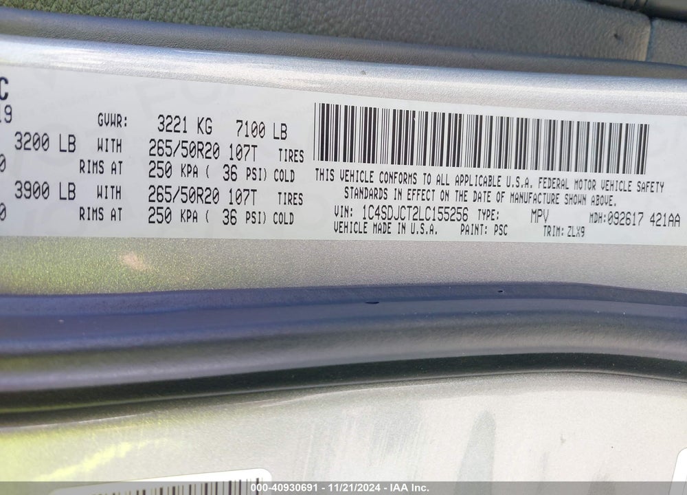 2020 DODGE DURANGO R/T AWD VIN: 1C4SDJCT2LC155256
