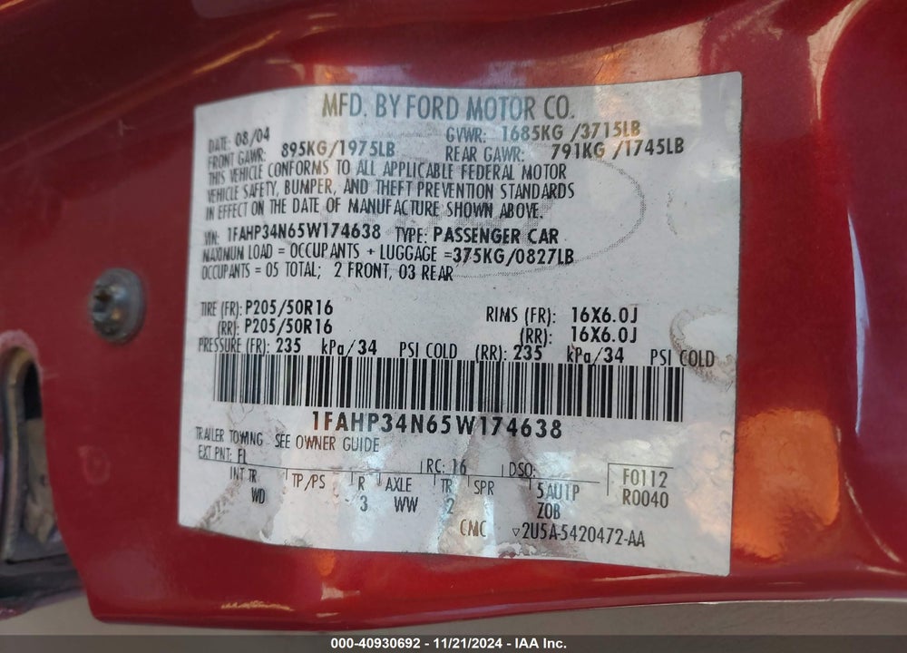 2005 FORD FOCUS ZX4 VIN: 1FAHP34N65W174638