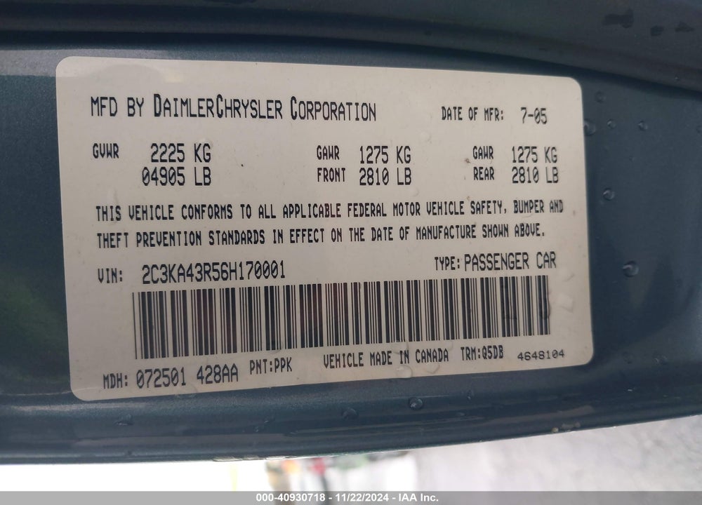 2006 CHRYSLER 300 VIN: 2C3KA43R56H170001